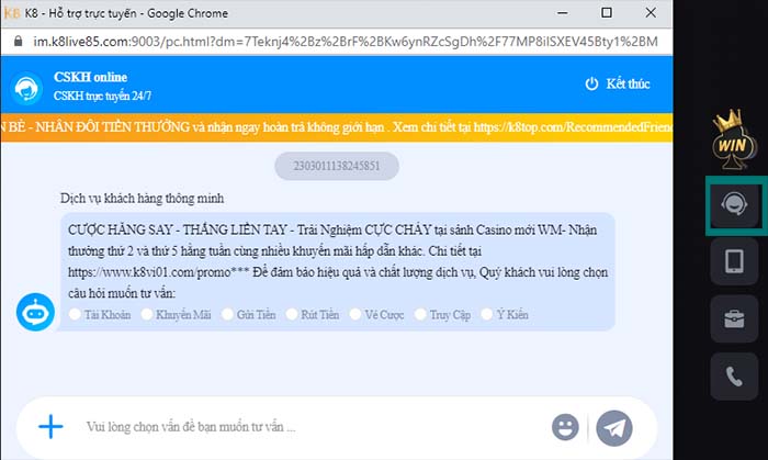 Liên hệ hỗ trợ trực tuyến tại K8